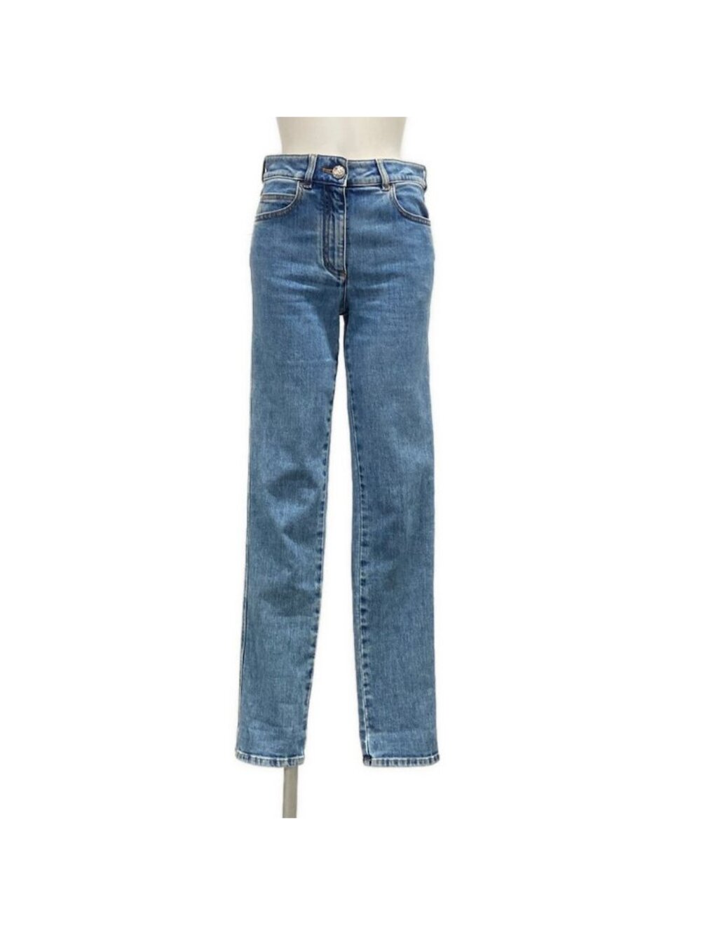 Chanel Jeans S Light Blue Lambskin Fur CC Logo Rhinestone Cotton 34